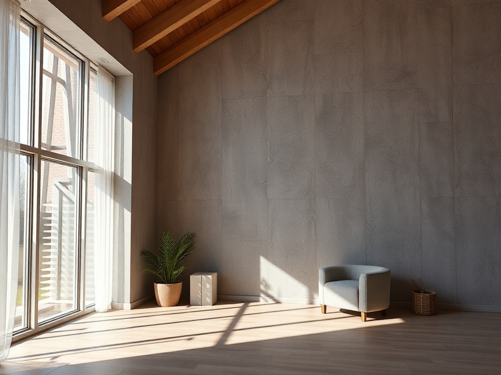 Светлая комната с большими окнами, растением в горшке и уютным креслом, мягкое освещение.