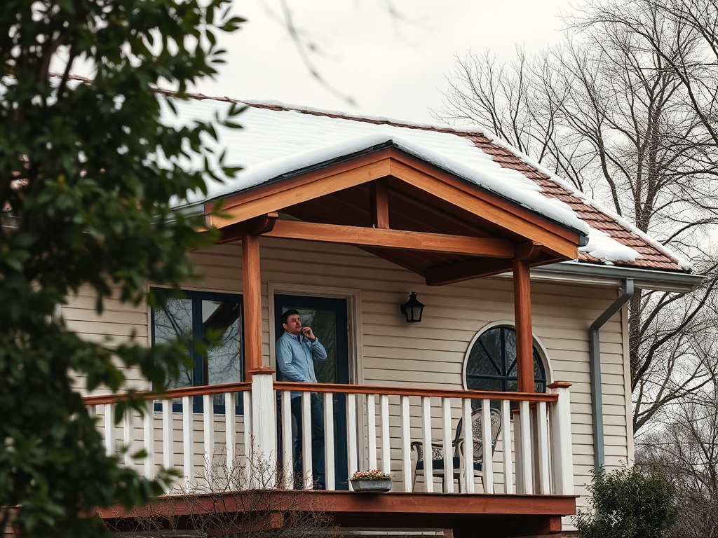 Мужчина на балконе дома с крепкой крышей и снегом, разговаривает по телефону. За деревьями дымка.