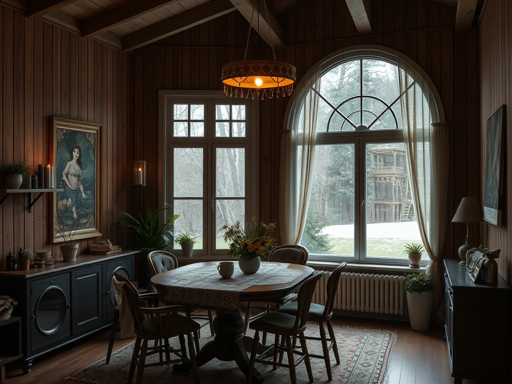 Уютная комната с деревянными стенами, столом и большими окнами, за которыми виден зимний пейзаж.