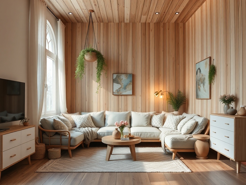 Уютная гостиная с деревянными стенами, светлой мебелью и зелёными растениями, создающая атмосферу уюта.