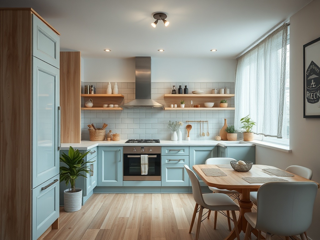 Современная кухня в светлых тонах с деревянными полками и круглым столом для обедов. Уют и стиль в интерьере.