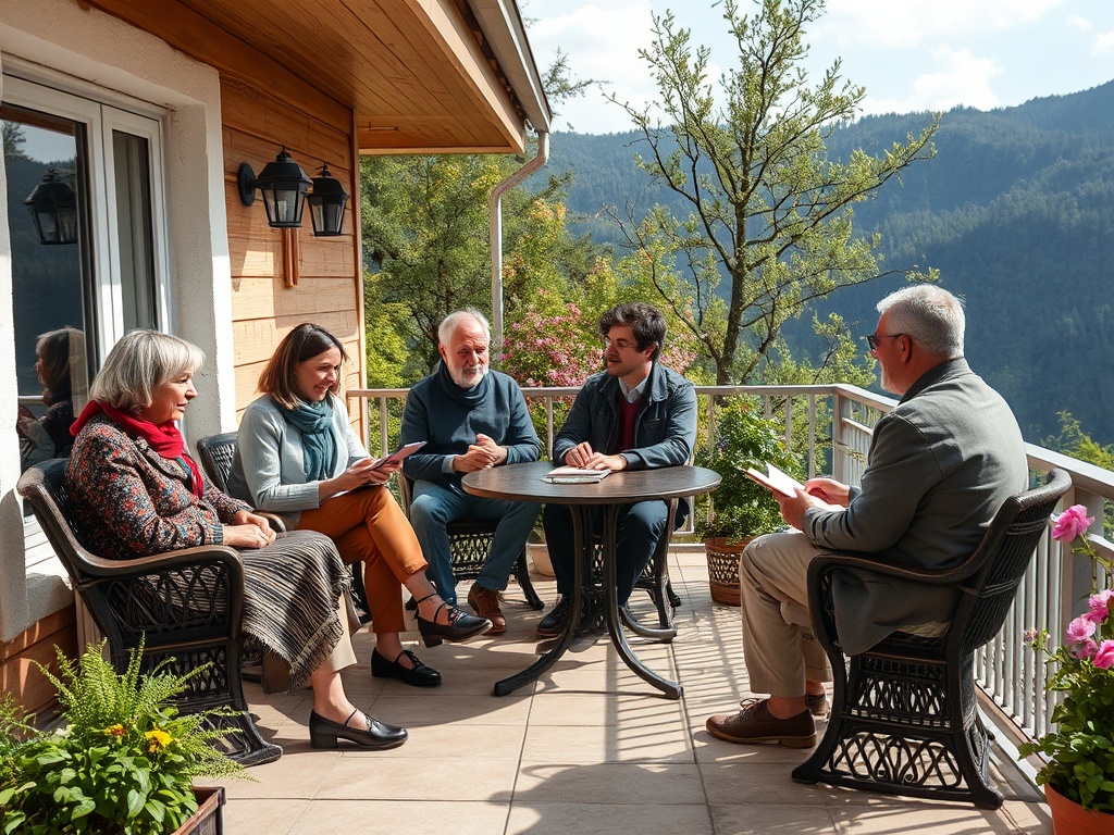 На террасе сидят пять человек, обсуждая что-то за столом на фоне зеленых холмов и цветущих растений.