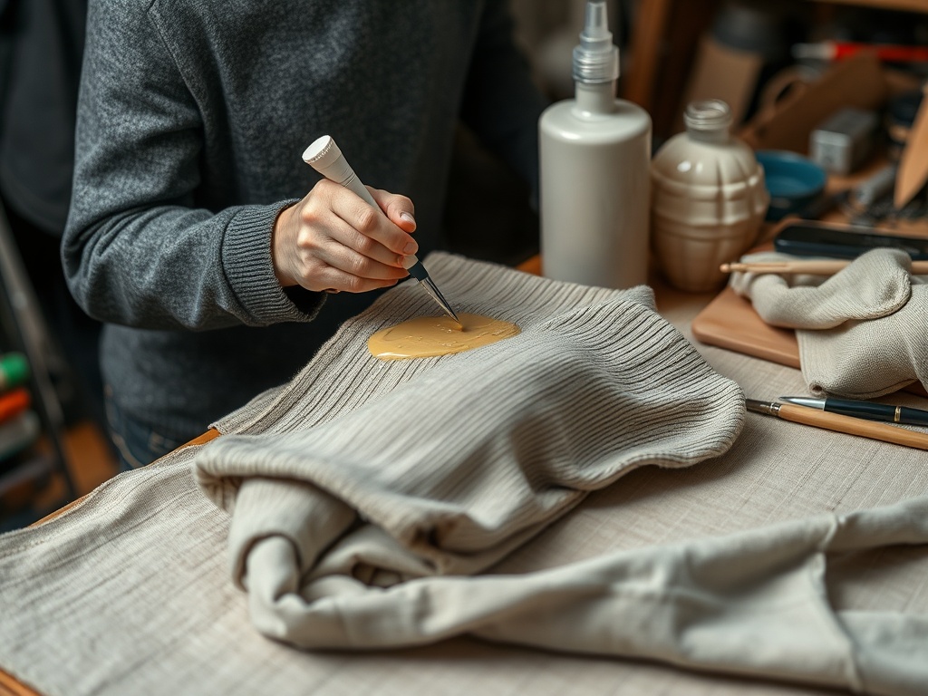 Человек наносит желтую краску на ткань, окружают инструменты и материалы для творчества.