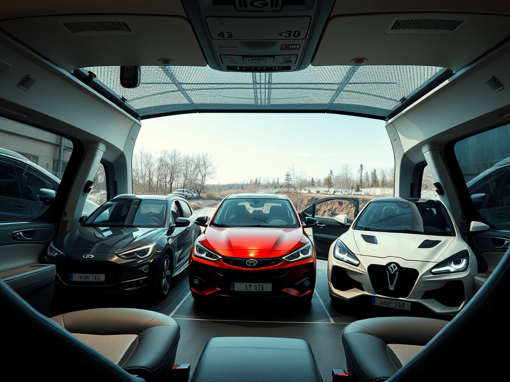 Три автомобиля стоят внутри помещения с окнами, за которыми виден пейзаж с деревьями.