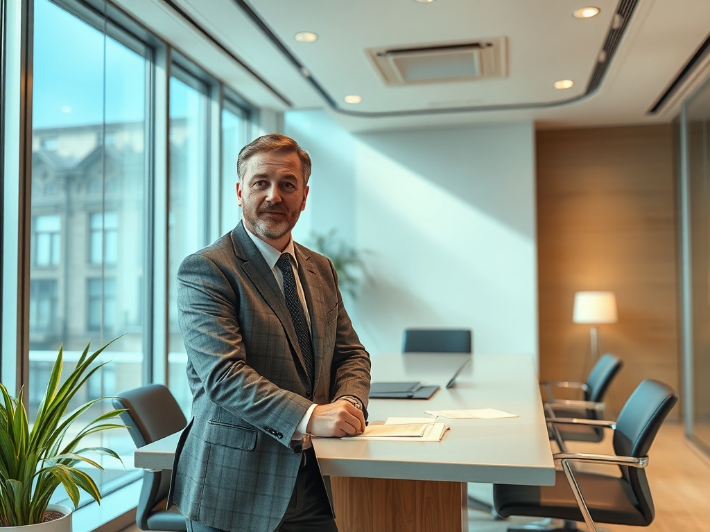 Мужчина в деловом костюме стоит у стола в современном офисе с большими окнами и офисной мебелью.