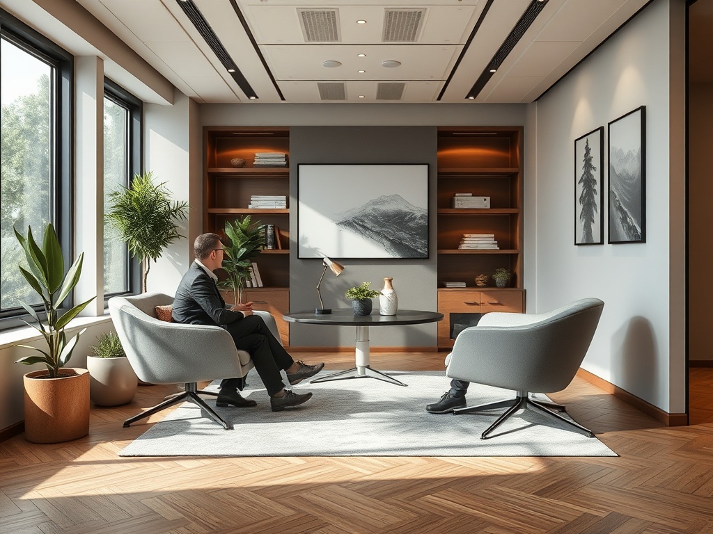 Современный офис: уютная обстановка с креслами, столиком и художественными картинами на стенах. Светло и стильно.