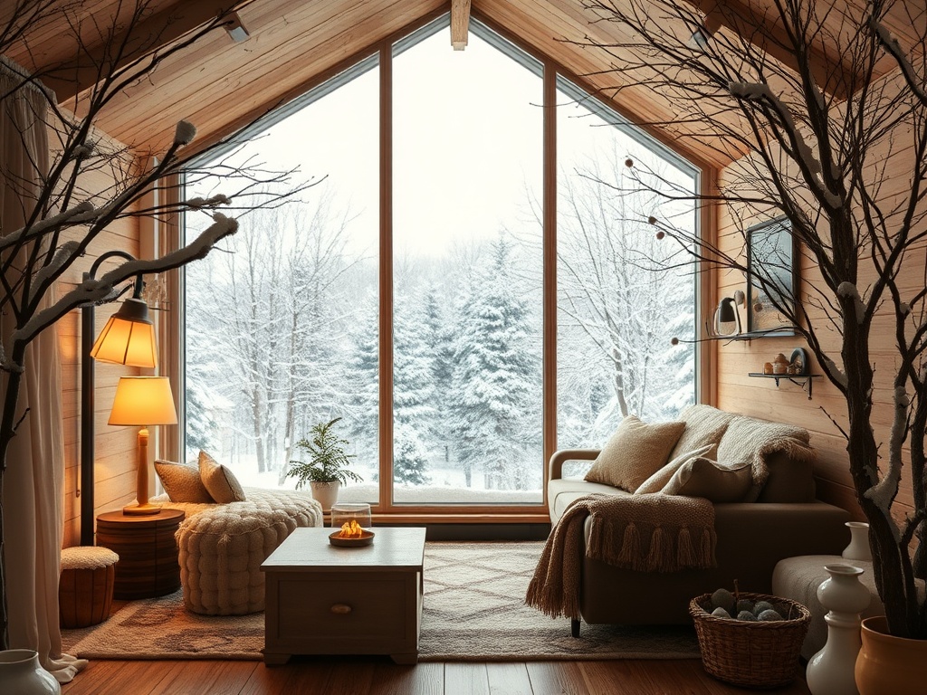 Уютная комната с большими окнами, через которые видно зимний пейзаж с заснеженными деревьями.