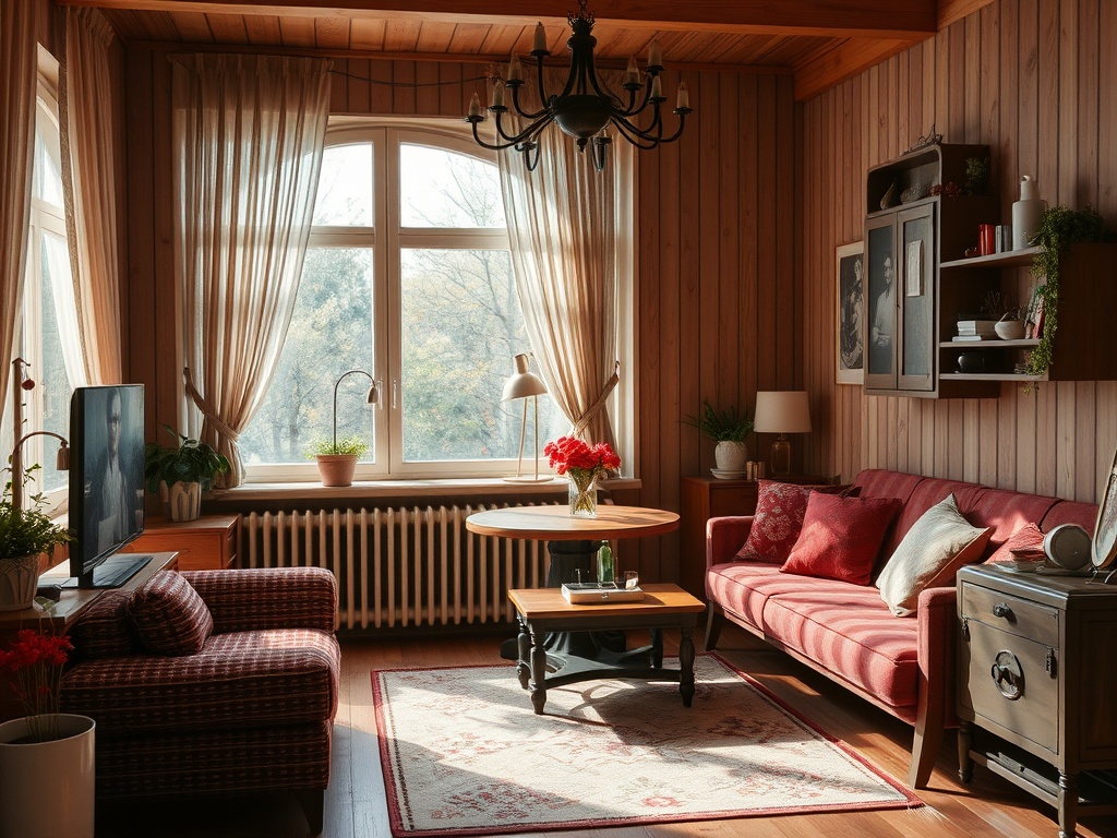 Светлая гостиная с деревянной отделкой, красным диваном и уютным декором, мягкий свет от окон.