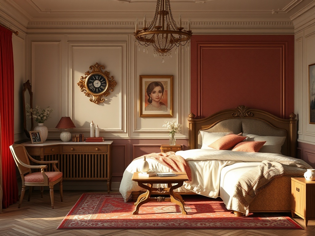 Уютная спальня с коричневыми тонами, старинной мебелью и произведениями искусства на стенах.
