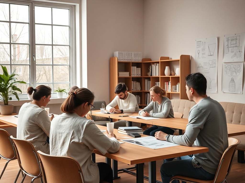 Группа из шести человек обсуждает идеи на встрече в уютном офисе с большими окнами.