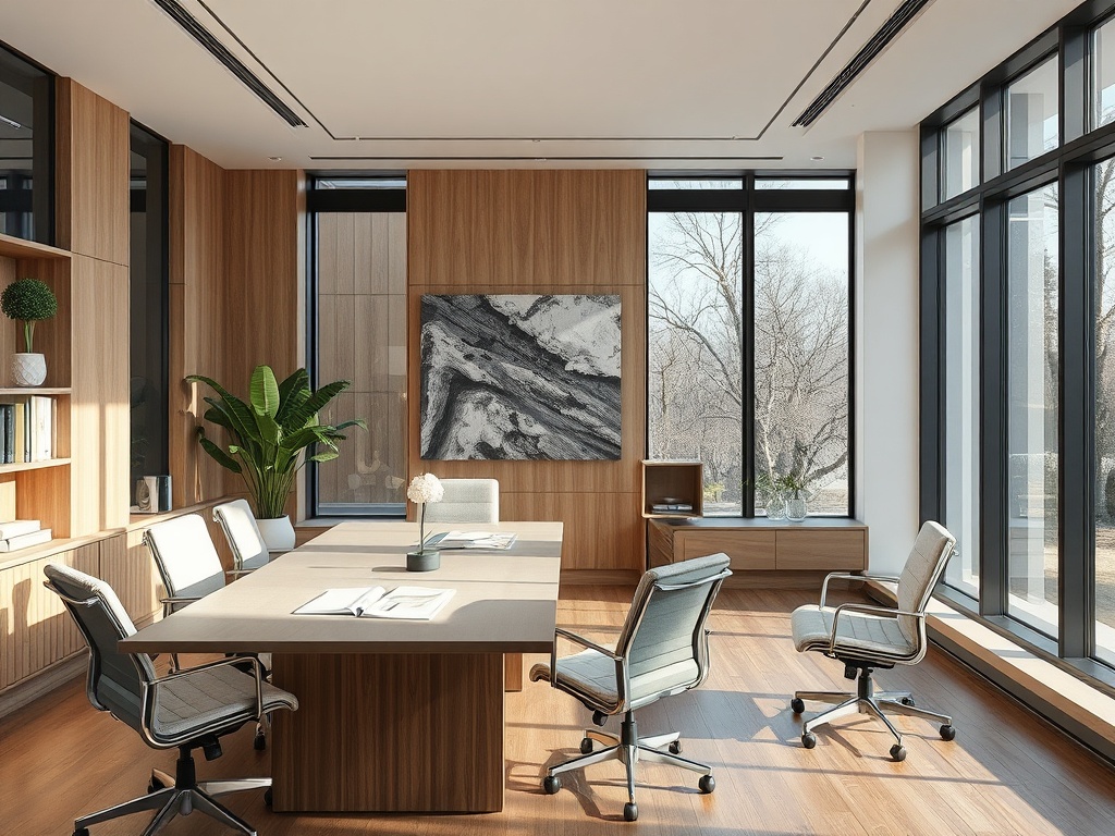 Современный офис с деревянными стенами, большим столом и окнами, обрамляющими зелёное пространство за пределами.