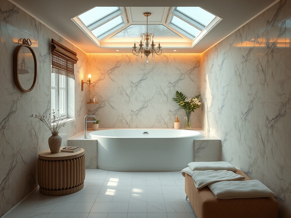 Современная ванная комната с мраморными стенами, оконным люком и открытой ванной. Уютное освещение и декор.