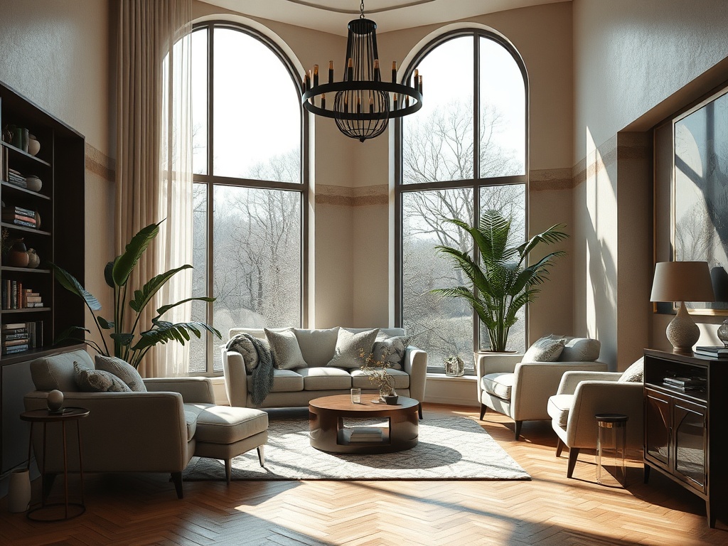 Светлая уютная гостиная с большими окнами, мягкой мебелью и зелеными растениями в обстановке.