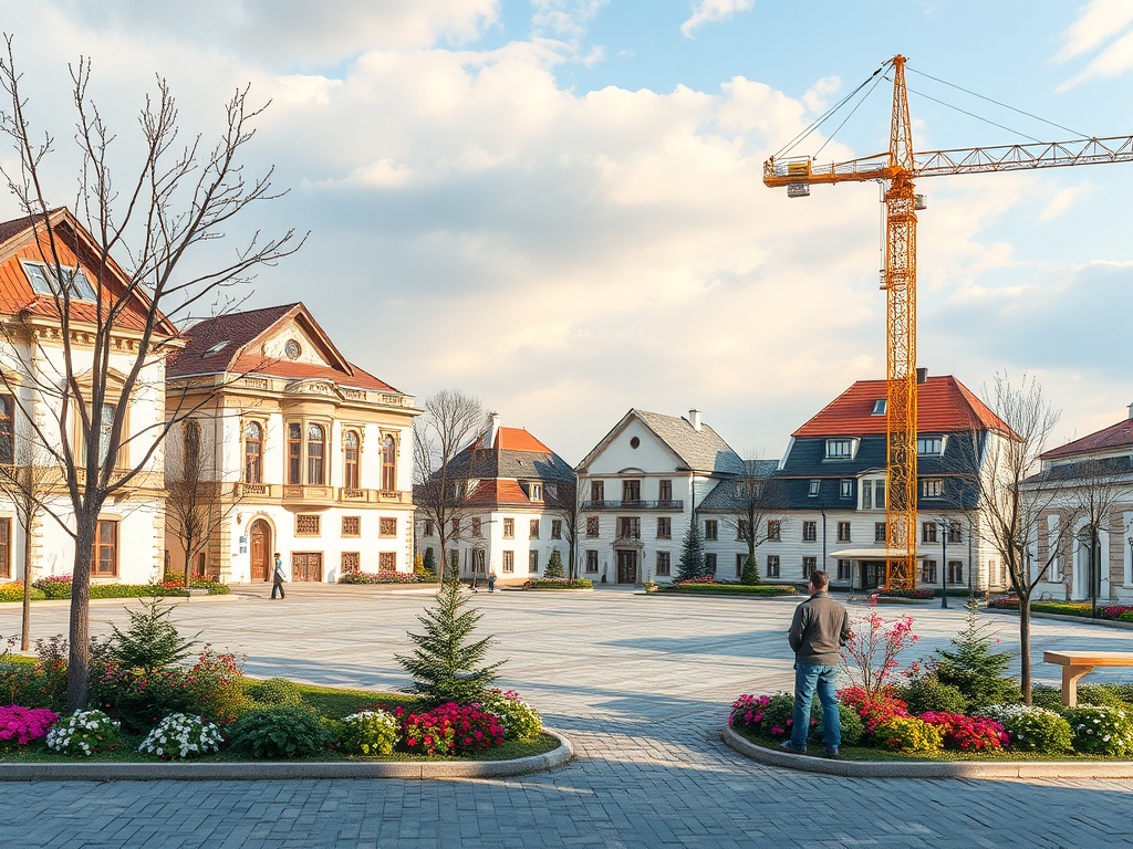 Площадь с новыми зданиями, цветами и строительным краном, с человеком на переднем плане.