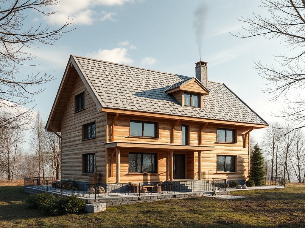 Деревянный дом с крышей из черепицы, дым из трубы, окруженный деревьями и зеленым газоном.