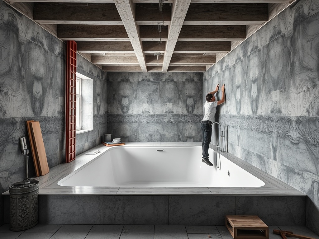 Человек стоит на краю ванны и приклеивает что-то на стену в современной ванной комнате.