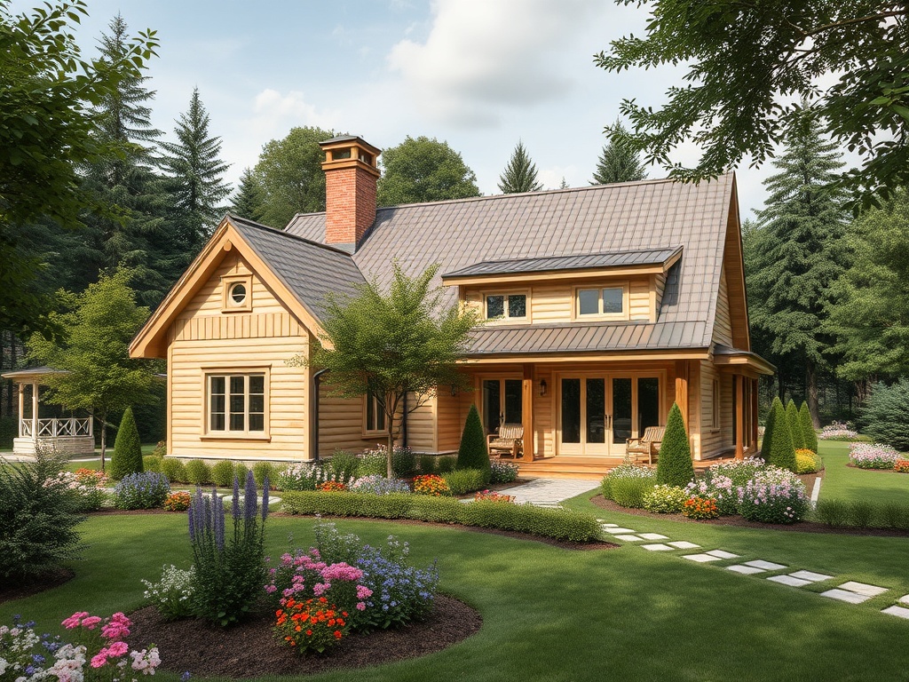Деревянный дом с крышей из металлочерепицы, окруженный цветами и зелеными кустами в живописном саду.