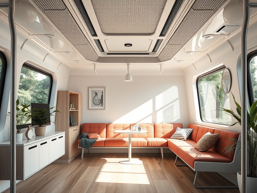 Современная светлая комната с уютным угловым диваном и столом, растениями и большими окнами.