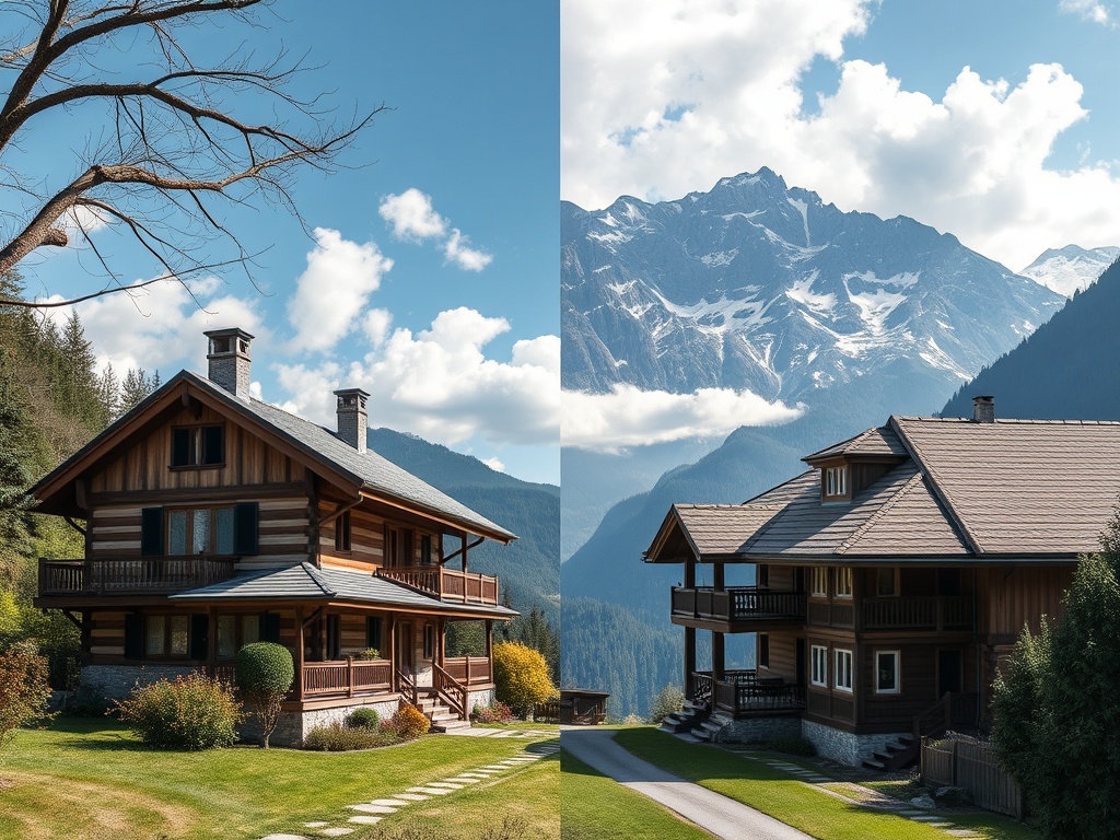 Два деревянных дома с балконами на фоне гор и неба, окруженные зелеными деревьями и полями.