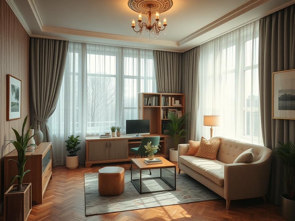 Современная гостиная с большим окном, мягкой мебелью и стильным освещением, оформленная в теплых тонах.
