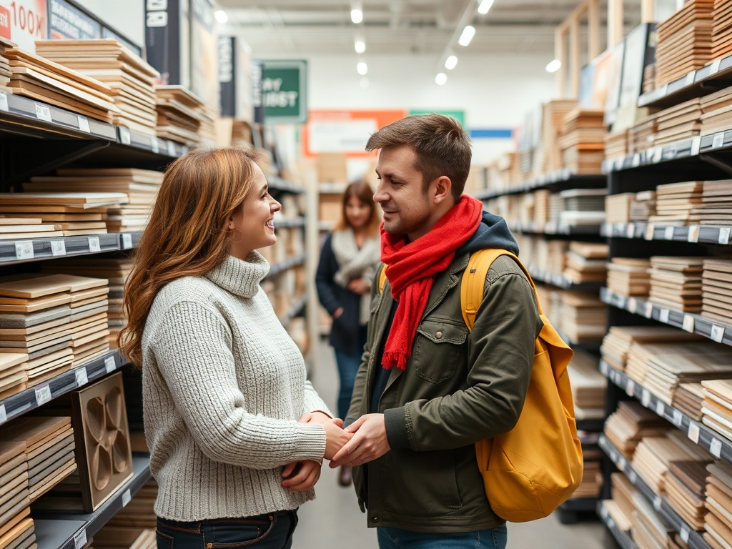 Двое людей общаются в магазине строительных материалов, окруженные полками с деревянными панелями.