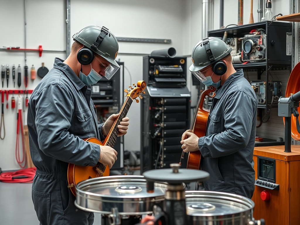 Два человека в защитных масках и наушниках играют на музыкальных инструментах в мастерской.