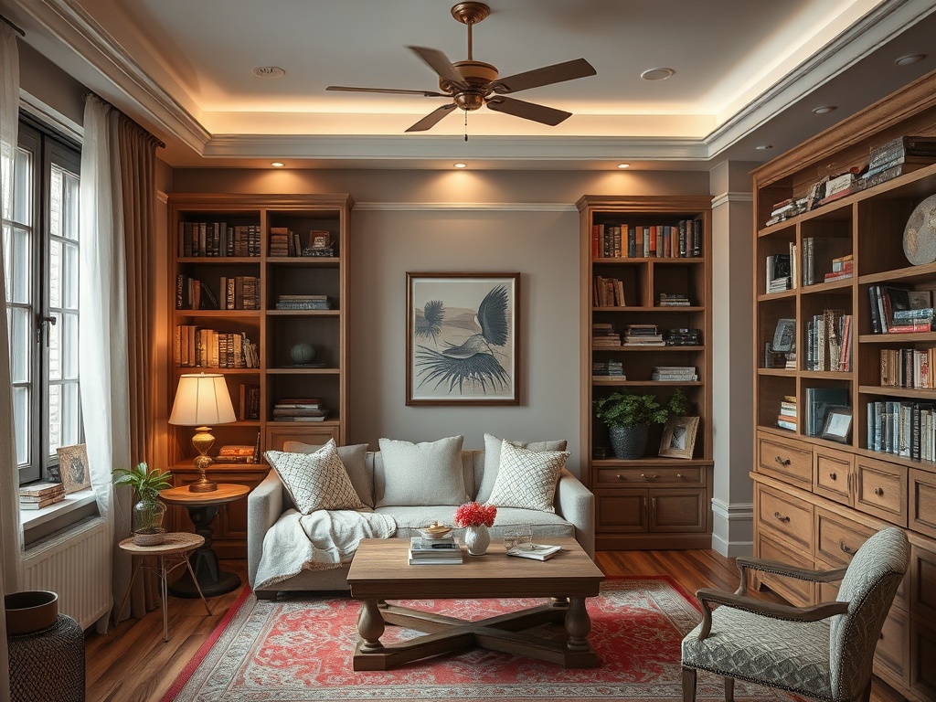 Уютная гостиная с книжными полками, светильником и диваном, оформленная в теплых тонах.