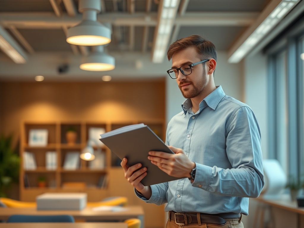 Молодой человек в офисе читает документы, держа их в руках. На заднем плане виден современный интерьер.