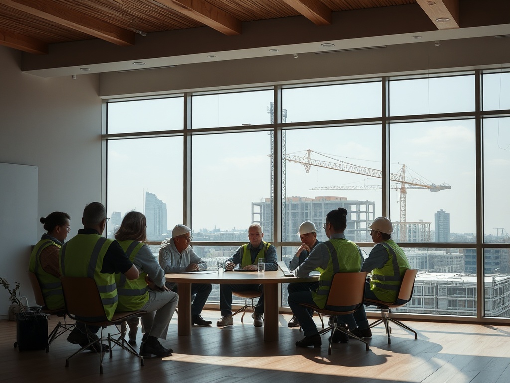 Группа людей в строительной одежде обсуждает проект в офисе с большими окнами и видом на стройку.