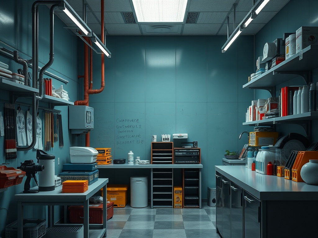 Комната с полками, инструментами и моющими средствами в спокойном синем цвете. Светлые потолочные лампы.