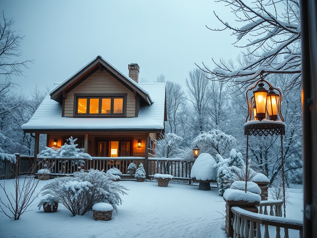 Снежный пейзаж с уютным домом и яркими фонарями на фоне зимнего леса. Спокойная зимняя атмосфера.