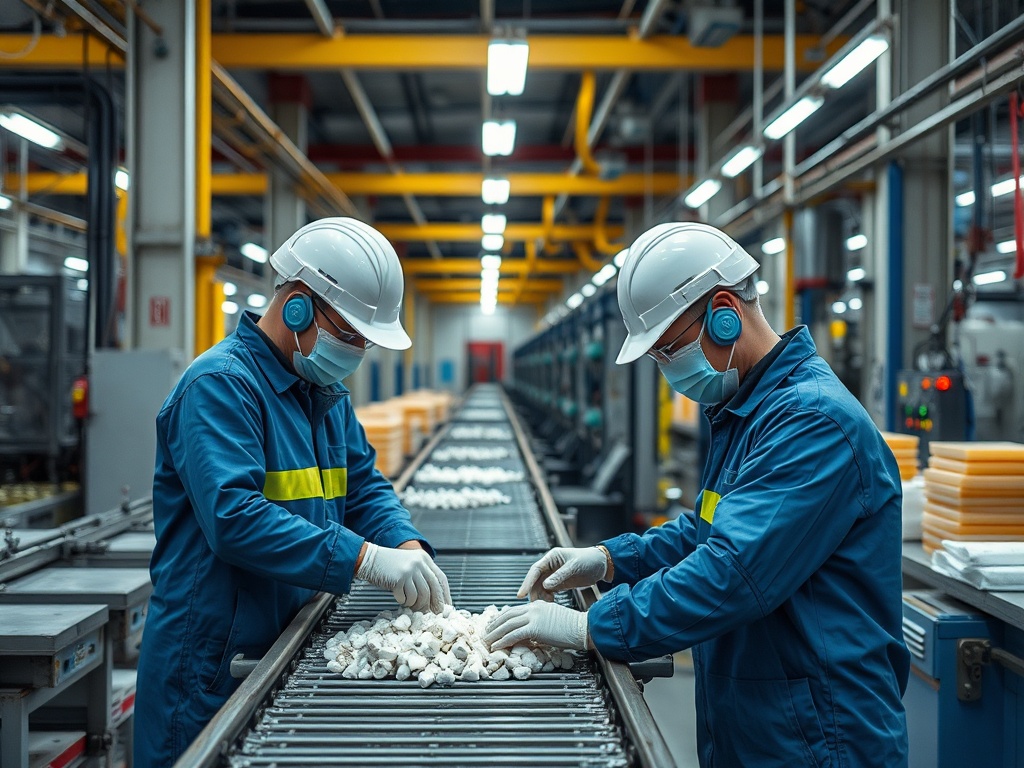 Рабочие в защитных касках и масках сортируют продукты на конвейере на заводе.