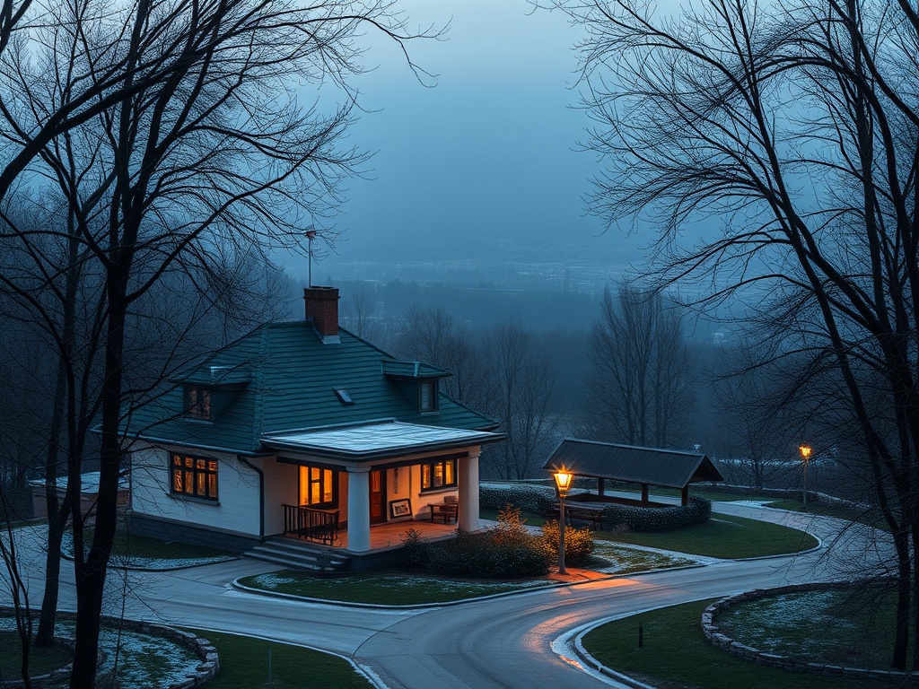 Уютный дом на фоне туманного пейзажа, вечерние огни и деревья без листьев.