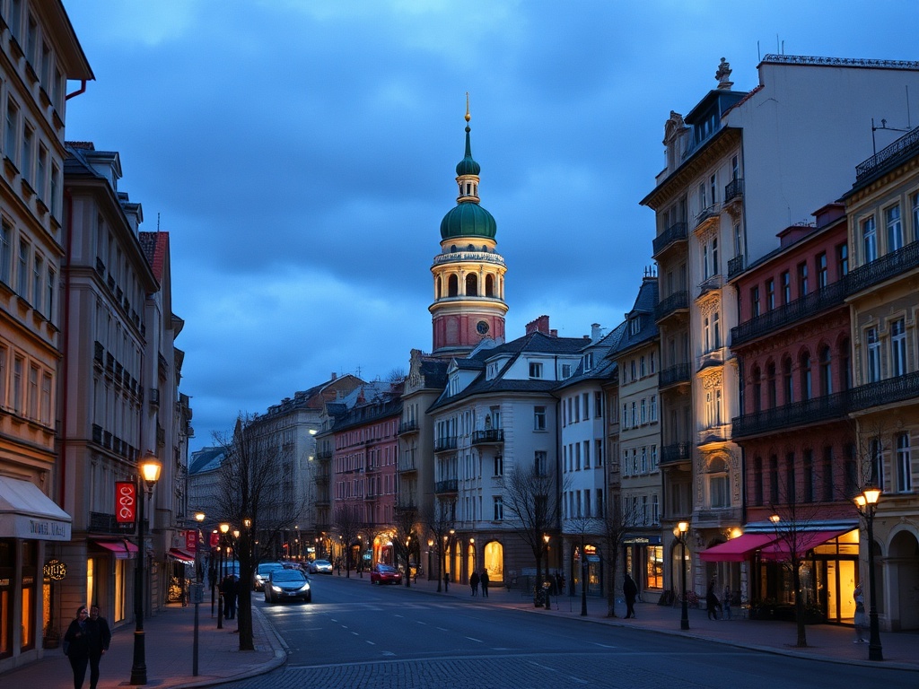 Улица в вечернее время с домами и высоким зданием с красивой башней на фоне облачного неба.