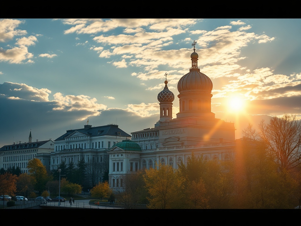 Сусветный закат над зданиями и куполами, окружёнными осенними деревьями.