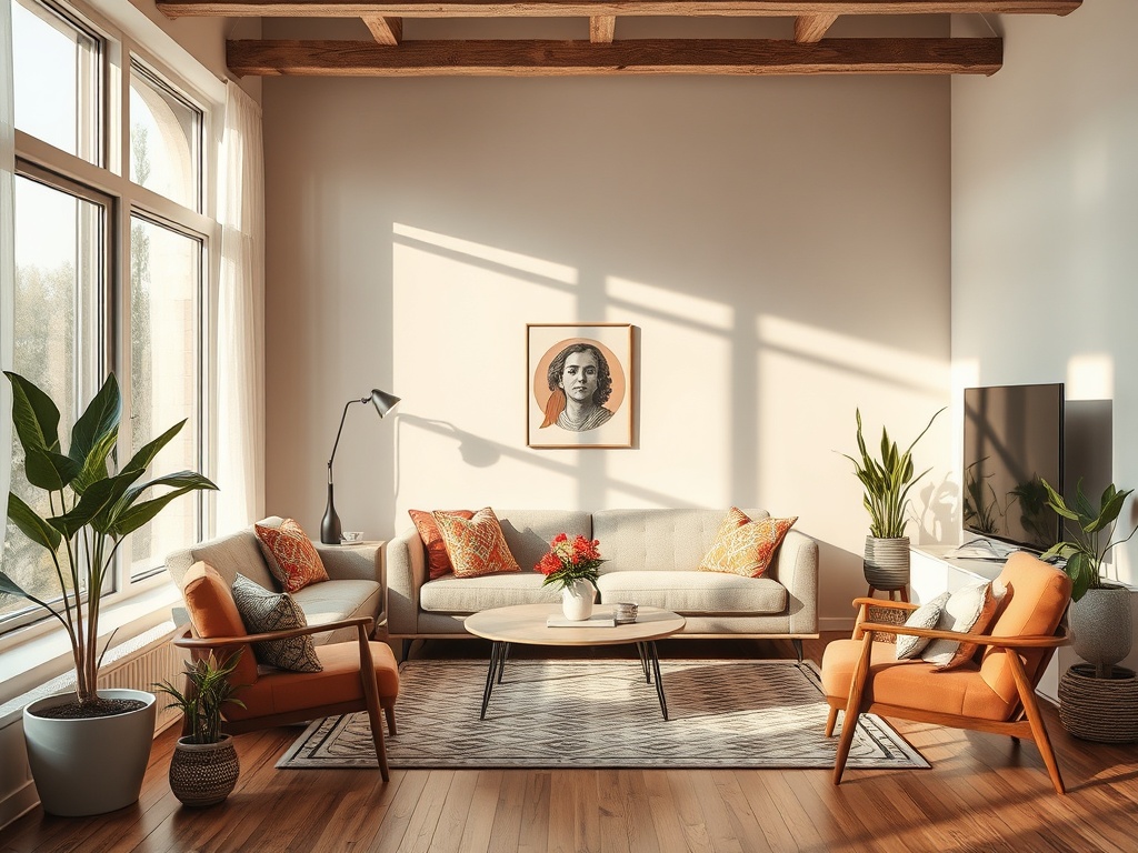 Светлая гостиная с мягкой мебелью, растениями и картинами на стенах, хорошо освещенная солнечными лучами.