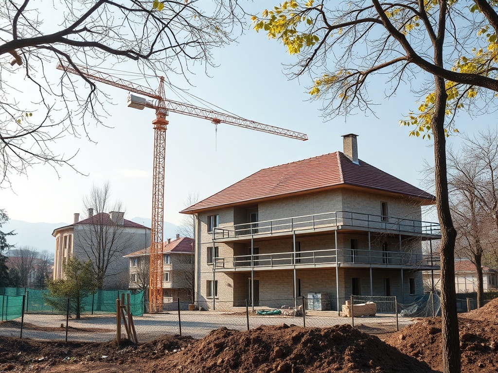 Строительство двухэтажного дома с краном на фоне ясного неба и деревьев.