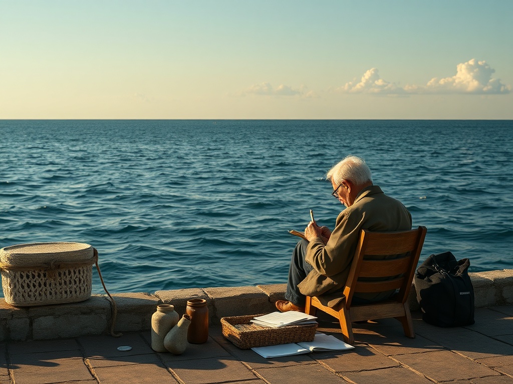 Старший мужчина сидит на берегу моря и пишет, окруженный книгами и посудой. Спокойная атмосфера.