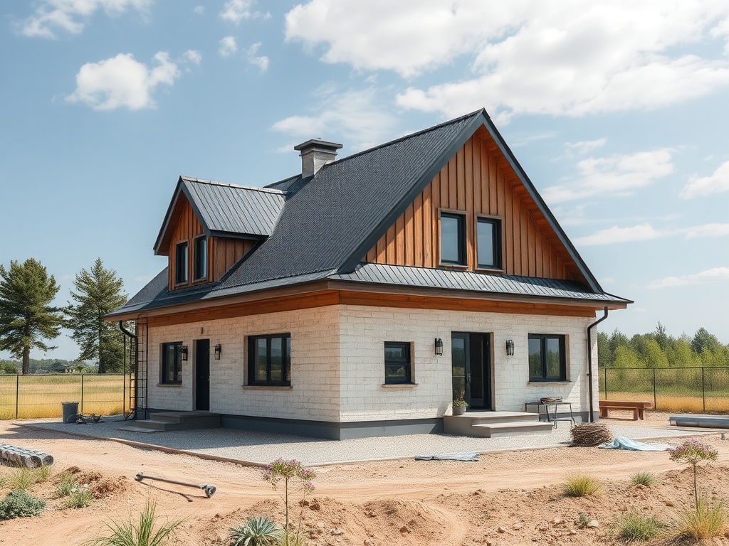 Современный двухэтажный дом с черной крышей и деревянными акцентами на фоне зелени и голубого неба.