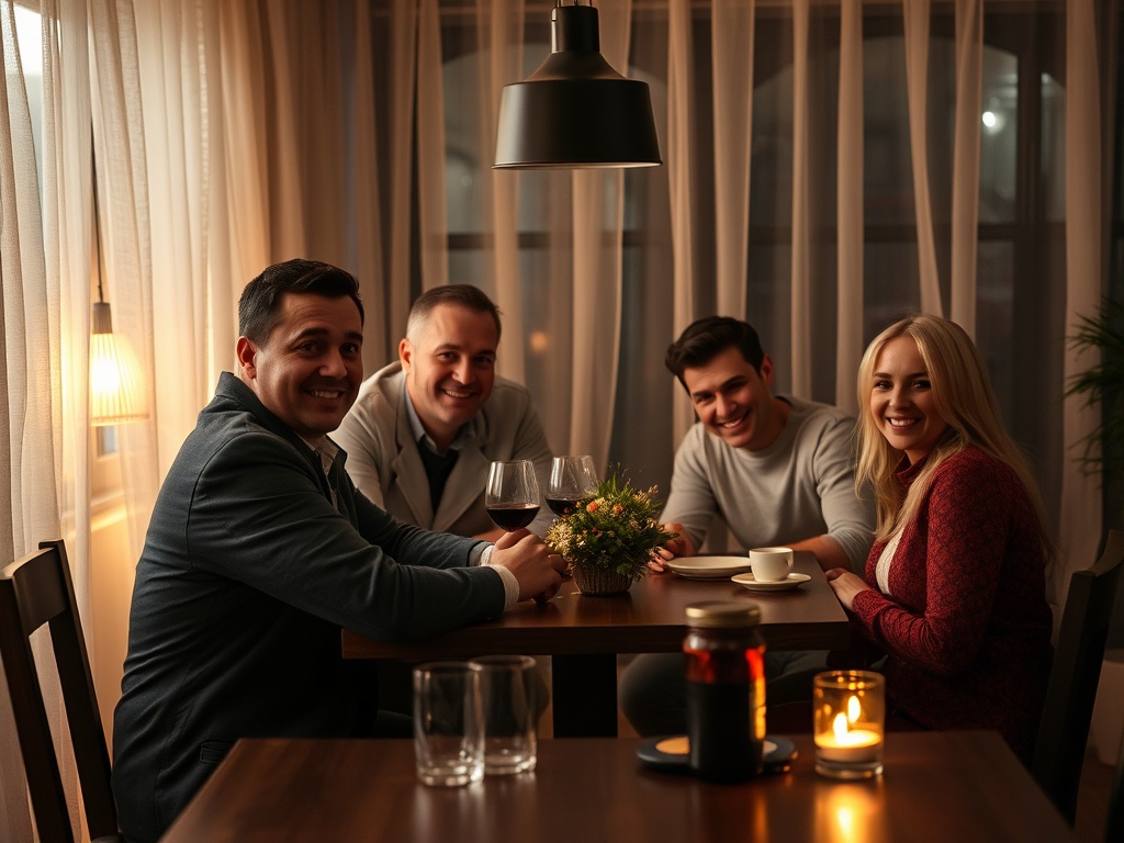 Четыре человека сидят за столом в уютной обстановке, наслаждаясь общением и напитками при свечах.