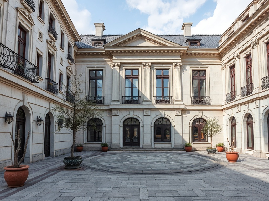 Архитектурный двор с колоннами, окнами и зелеными растениями в горшках, спокойная атмосфера.