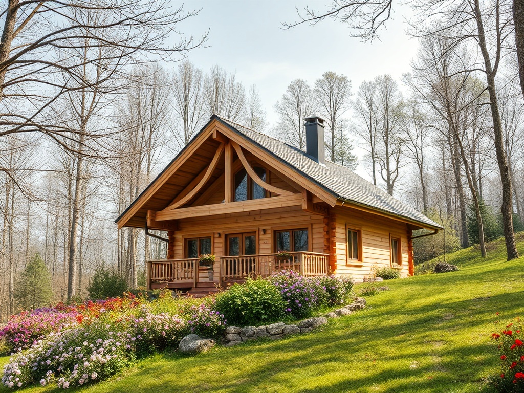Уютный деревянный дом с террасой, окружённый цветами и деревьями в солнечный день.