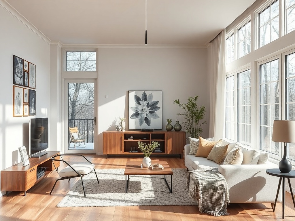 Светлая гостиная с большими окнами, уютной мебелью и современным декором на стенах.