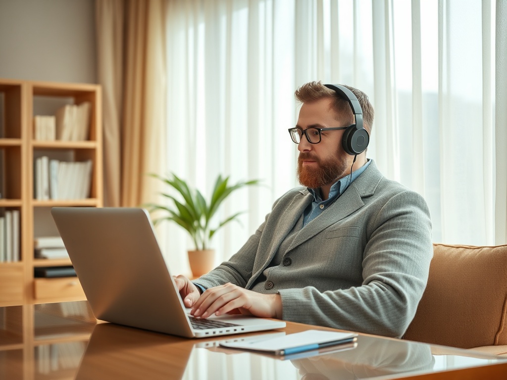 Мужчина в наушниках работает за ноутбуком в светлом офисе с растениями и полками на заднем плане.