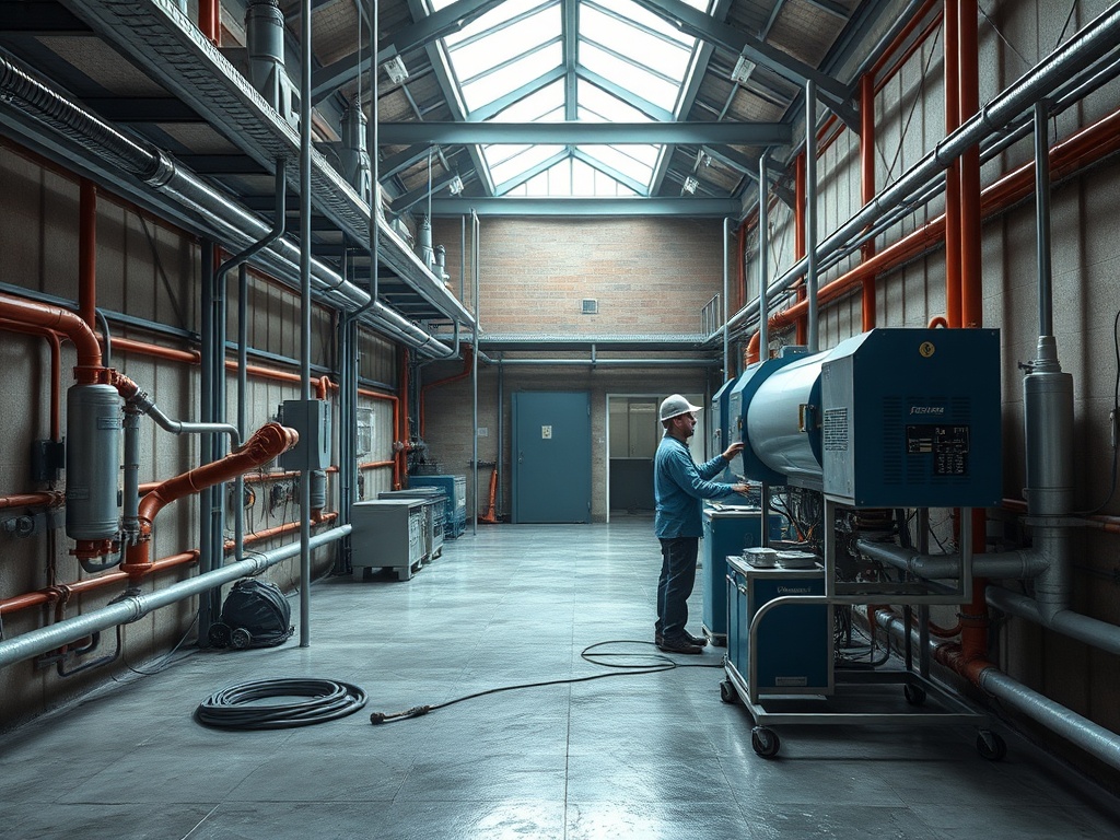 Работник в каске находитс в промышленном помещении с оборудованием и трубами на стенах.