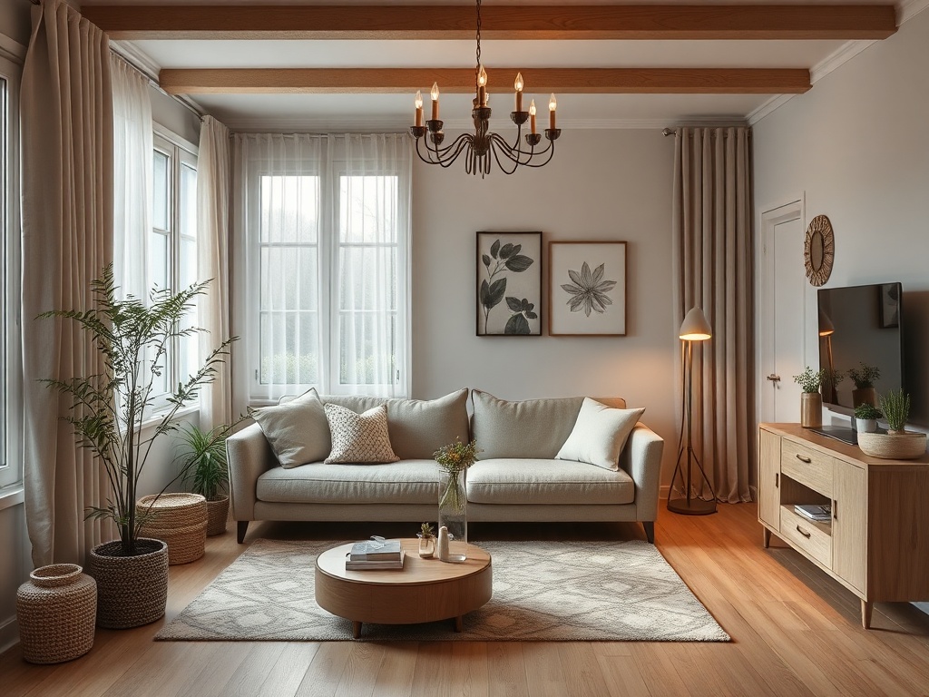 Уютная гостиная с диваном, журналом, растениями и телевизором на деревянных полах. Светлые тона и натуральные материалы.
