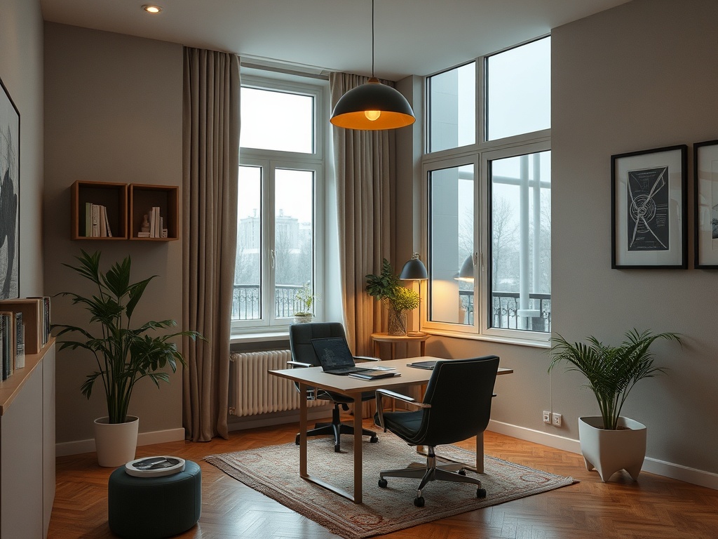 Современный офис с большими окнами, растениями и удобной мебелью, уютная атмосфера для работы.