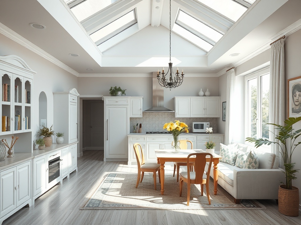 Современная кухня с большим окном, уютным обеденным столом и светлой мебелью, украшенная цветами и картинами.