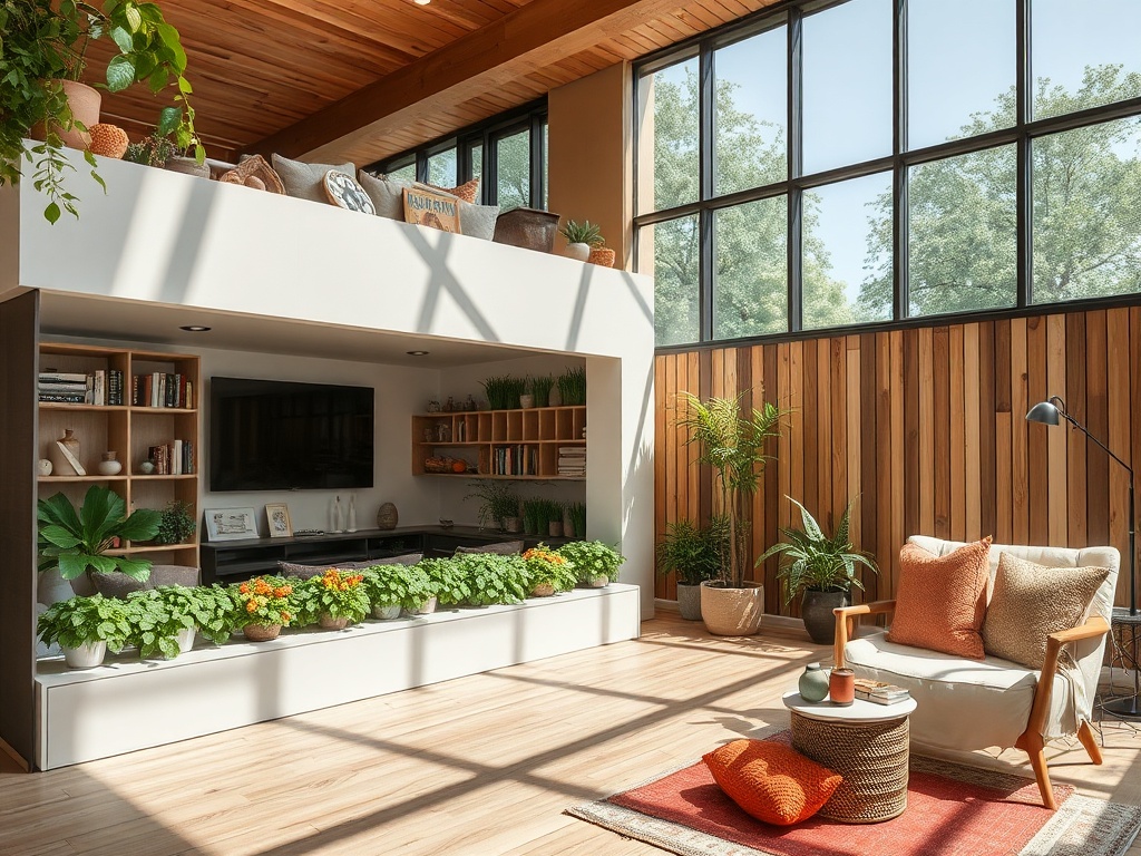 Современный интерьер с большими окнами, зелеными растениями и уютной мебелью в теплых тонах.